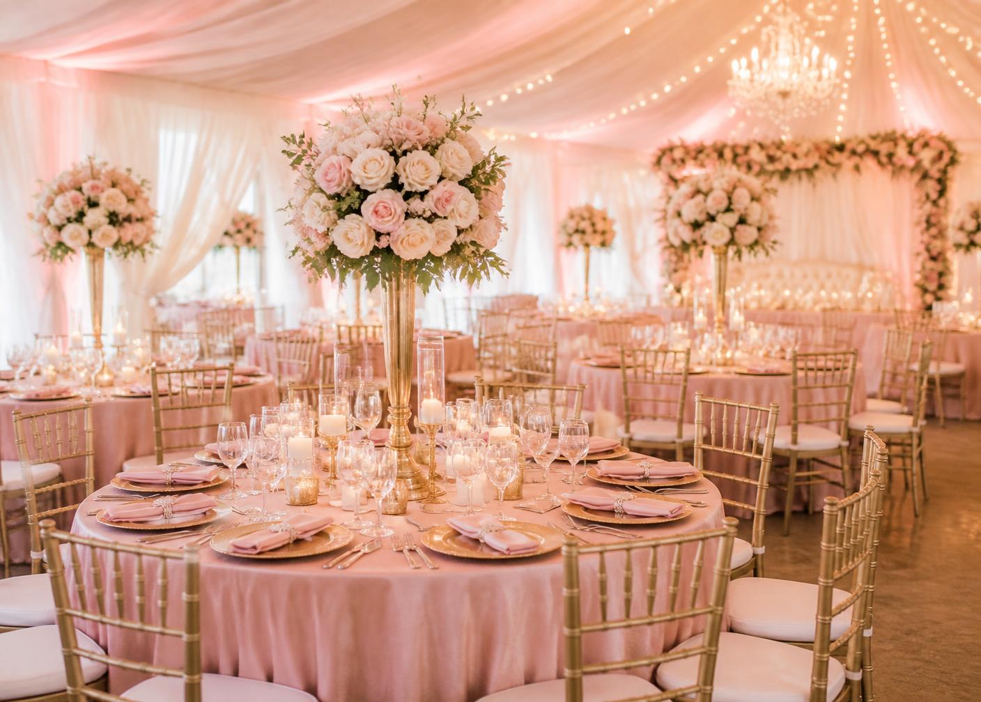 Blush pink and gold party reception with round tables, roses and soft lighting